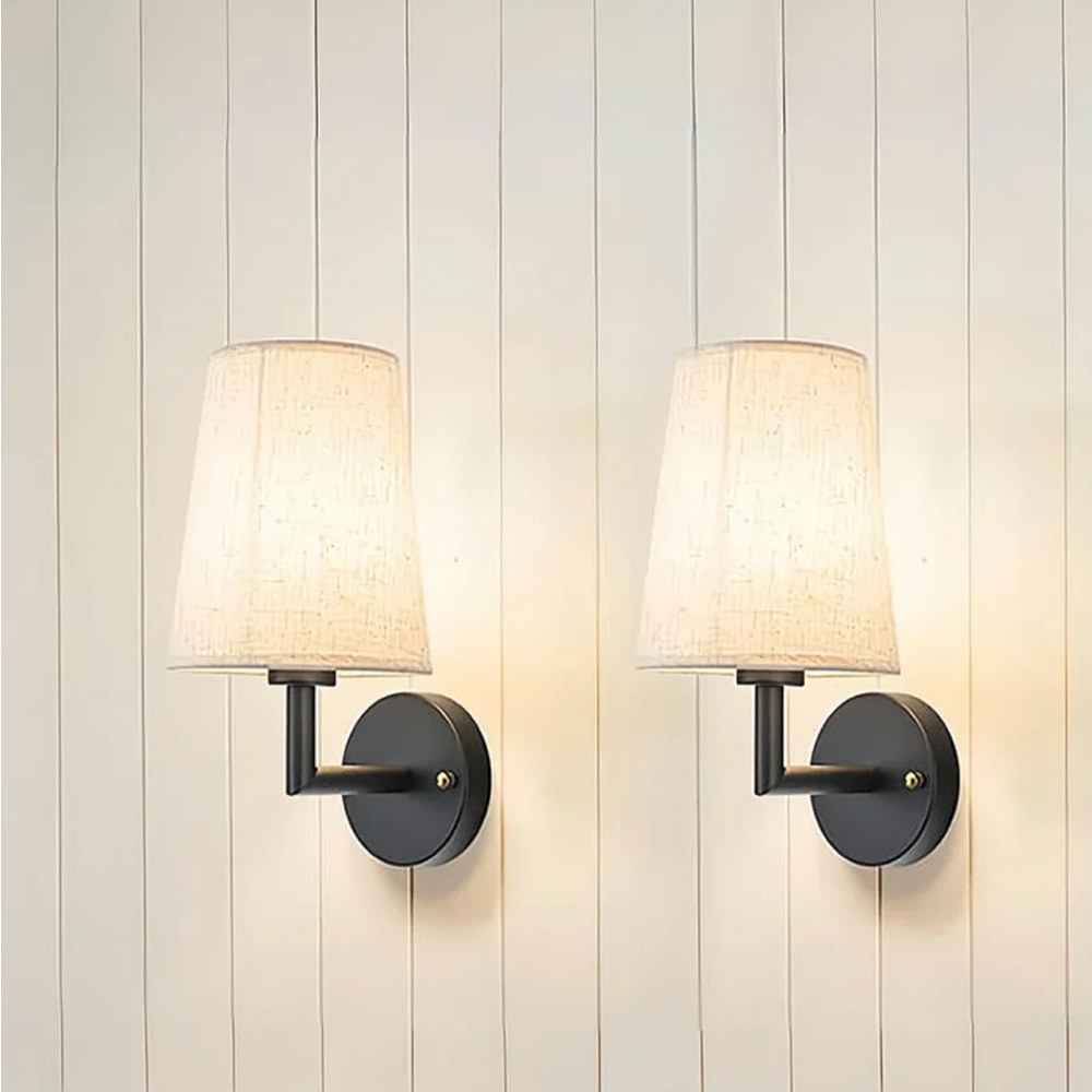 Wireless Black Wall Sconces with Linen Shades